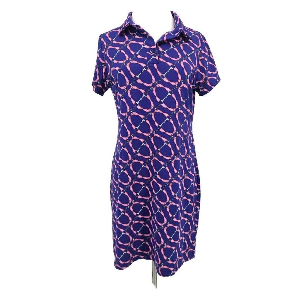 IBKUL Collared Mini Dress Womens S Horsebit Print Blue Pink Short Sleeve